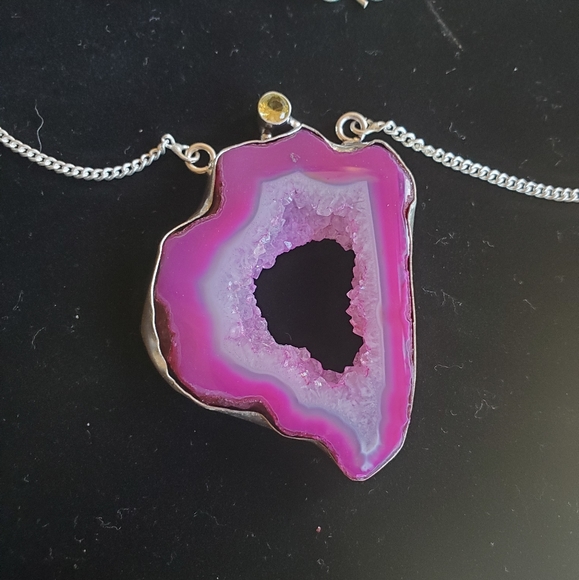 New Pink Agate Druzy & Citrine Silver Necklace. - Picture 8 of 16